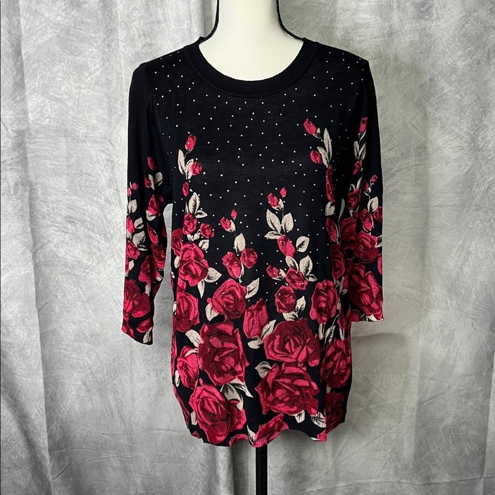 Rebecca Malone Black with Red & Tan Roses and Rhinestones 3/4 Sleeve Sweater - L